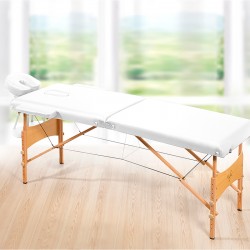 TABLE DE MASSAGE PLIANTE 2 ZONES EN BOIS AVEC ACCESSOIRES ET HOUSSE DE TRANSPORT  BLANC